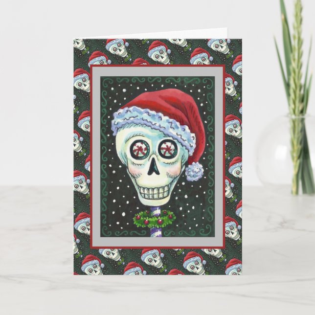 TARJETA FESTIVA CABEZA MUERTA SANTA SKULL, NAVIDADES SKELETON HUMO (Anverso)
