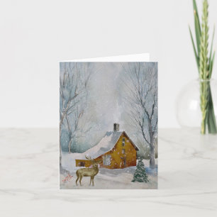 Tarjeta Festiva Cabina de ciervo y rústica en bosque de nieve