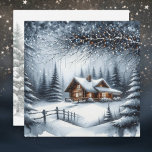 Tarjeta Festiva Cabina de registro festivo en Navidades de Winter<br><div class="desc">Tarjeta de Navidades personalizada. Cabina de troncos festivos en una colina con un fondo de bosque nevado.</div>