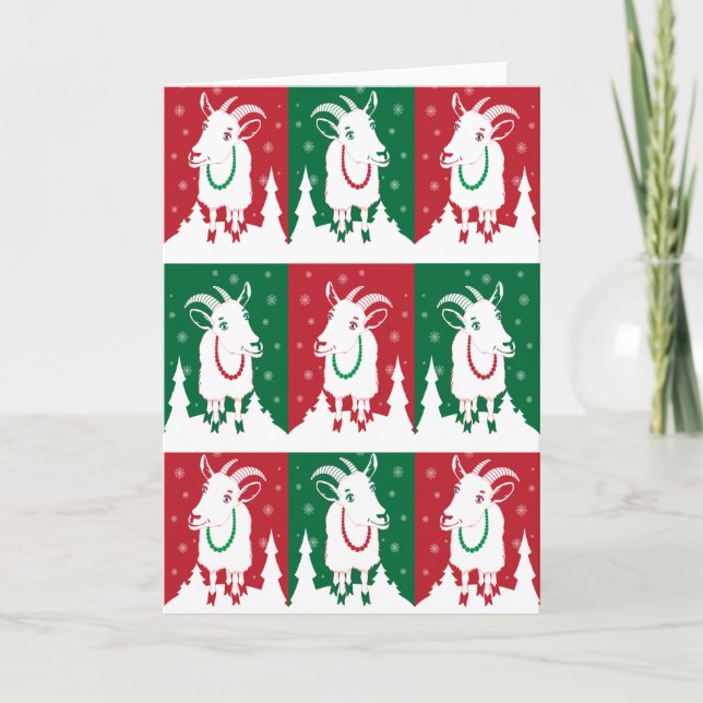 Tarjeta Festiva Cabras modernas en verde y rojo de vacaciones (Anverso)