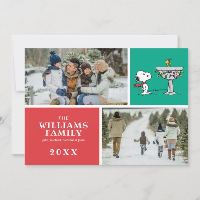 Tarjeta Festiva Cacahuetes | Bañera de pájaros congelada de Snoopy (Anverso)