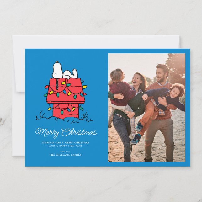 Tarjeta Festiva Cacahuetes | Casa de perro de Snoopy con luces (Anverso)