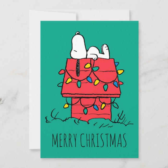 Tarjeta Festiva Cacahuetes | Casa de perros de Snoopy con luces (Anverso)
