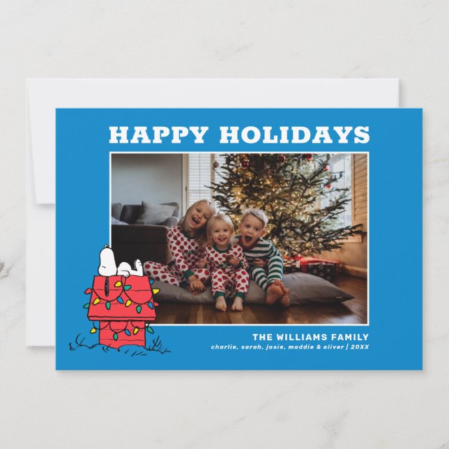 Tarjeta Festiva Cacahuetes | Casa de perros de Snoopy con luces (Anverso)