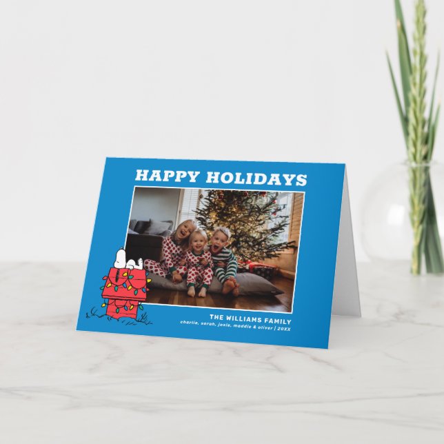 Tarjeta Festiva Cacahuetes | Casa de perros de Snoopy con luces (Anverso)