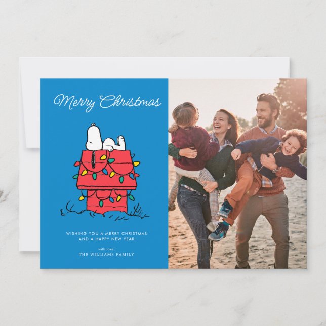 Tarjeta Festiva Cacahuetes | Casa de perros de Snoopy con luces (Anverso)