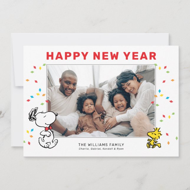 Tarjeta Festiva Cacahuetes | Snoopy & Woodstock Feliz Año Nuevo (Anverso)