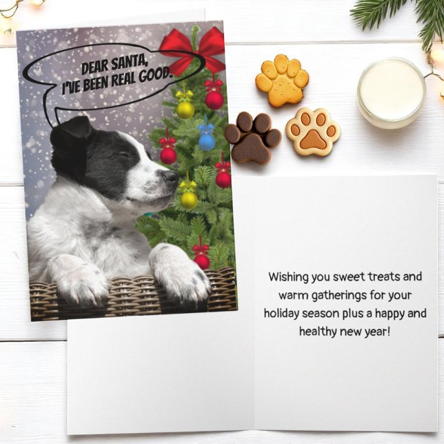 Tarjeta Festiva Cachorro blanco negro soñando con Personalizado de (cover and inside template Christmas card)