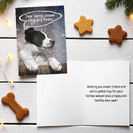 Tarjeta Festiva Cachorro blanco y negro adorable soñando en nevada