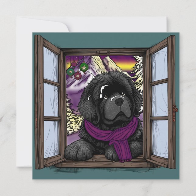 Tarjeta Festiva Cachorro con ventana nevada (Anverso)