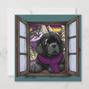 Tarjeta Festiva Cachorro con ventana nevada
