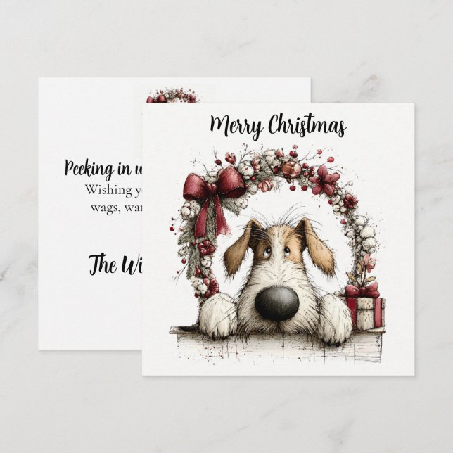 Tarjeta Festiva Cachorro Curioso & Corona Navideña (Anverso / Reverso)