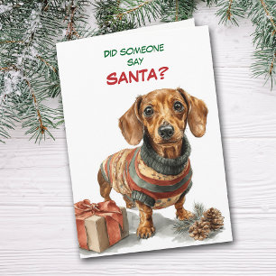 Tarjeta Festiva Cachorro Dachshund Marrón Adorable Busca a Santa