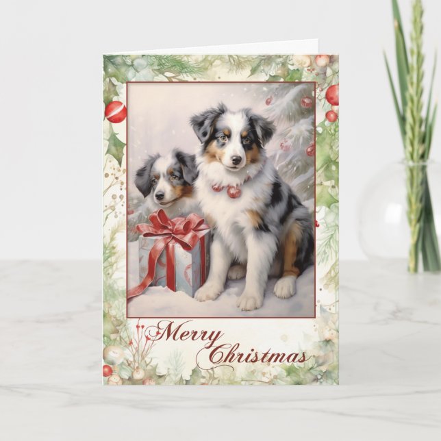 Tarjeta Festiva Cachorro de Aussie Blue Merle Victoriano en Navida (Anverso)