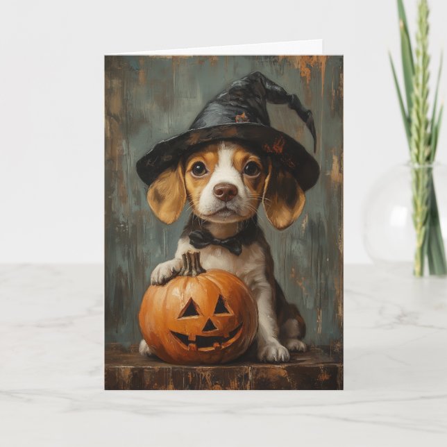 Tarjeta Festiva Cachorro de Beagle Bruja Halloween (Anverso)