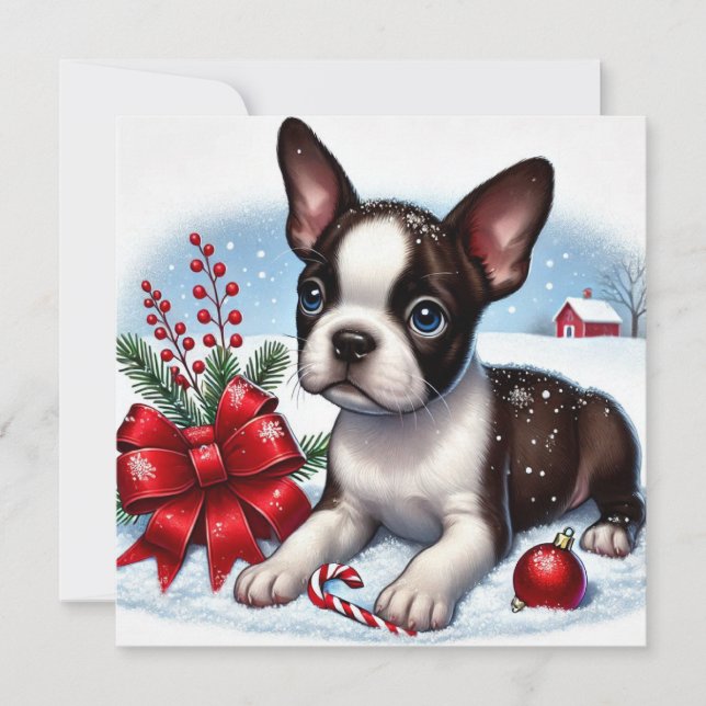 Tarjeta Festiva Cachorro de Boston Terrier con decoraciones de Nav (Anverso)