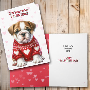 Tarjeta Festiva Cachorro de Bulldog en Sweater Valentine