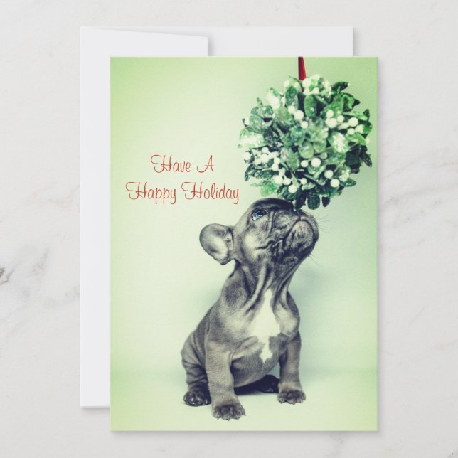 Tarjeta Festiva Cachorro De Bulldog Francés Y Mistletoe (Anverso)
