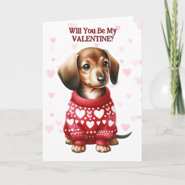 Tarjeta Festiva Cachorro de dachshund en Sweater Valentine (Anverso)