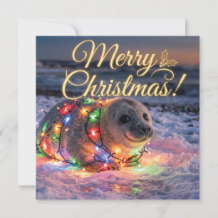 Tarjeta Festiva Cachorro de foca adorable envuelto en luces de Nav