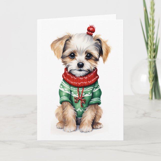 Tarjeta Festiva Cachorro de Suéter de Navidad, Cachorro de Vacacio (Anverso)