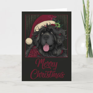 Tarjeta Festiva Cachorro de Terranova con sombrero de Santa Feliz