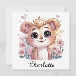 Tarjeta Festiva Cachorro Kawaii con flores de primavera y corazone