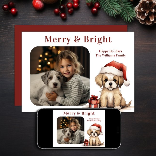 Tarjeta Festiva Cachorro lindo con Navidades de foto de perro de S (Printed and Digital - Cute Puppy Wearing a Santa Hat Dog Photo Christmas Holiday Card)