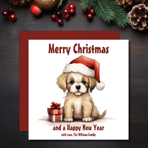 Tarjeta Festiva Cachorro lindo con Navidades de perro de Santa Hat