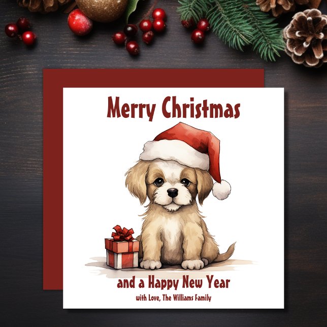 Tarjeta Festiva Cachorro lindo con Navidades de perro de Santa Hat (Cute Puppy Wearing a Santa Hat Dog Christmas Holiday Card)