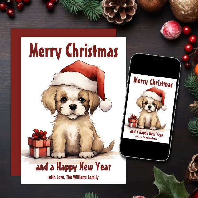 Tarjeta Festiva Cachorro lindo con Navidades de perro de Santa Hat (Printed and Digital - Cute Puppy Wearing a Santa Hat Dog Christmas Holiday Card)