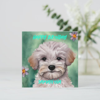 Tarjeta Festiva Cachorro maltés blanco moteado verde Feliz cumplea