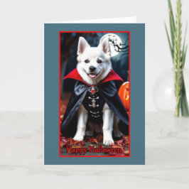 Tarjeta Festiva Cachorro vampiro blanco lindo en Halloween
