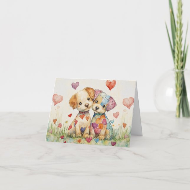 Tarjeta Festiva Cachorros de Patchwork San Valentín (Anverso)