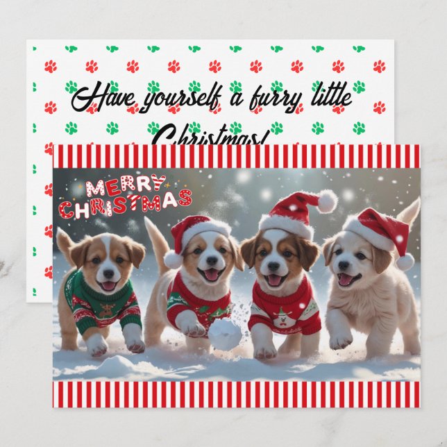 Tarjeta Festiva Cachorros en Navidades sudaderas y nieve personali (Anverso / Reverso)