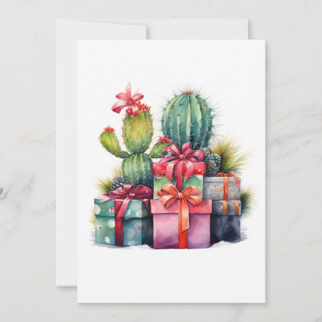 Tarjeta Festiva Cactus Christmas Tree Watercolor (Anverso)
