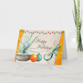 Tarjeta Festiva Cactus, gecko y adornos navideños