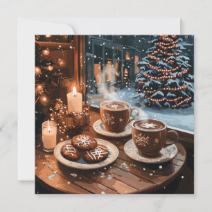 Tarjeta Festiva Café acogedor de invierno con cacao caliente y gal