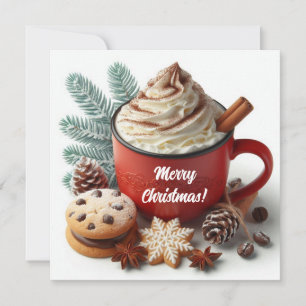 Tarjeta Festiva Café caliente con crema batida de invierno en una