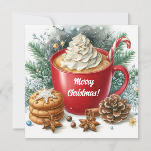 Tarjeta Festiva Café caliente con crema batida de invierno en una 