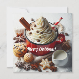 Tarjeta Festiva Café caliente con crema batida de invierno en una