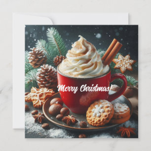 Tarjeta Festiva Café caliente con crema batida de invierno en una