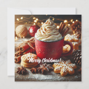 Tarjeta Festiva Café caliente con crema batida de invierno en una