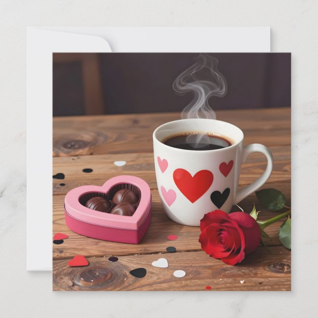 Tarjeta Festiva Café, chocolates, rosa roja día de San Valentín (Anverso)