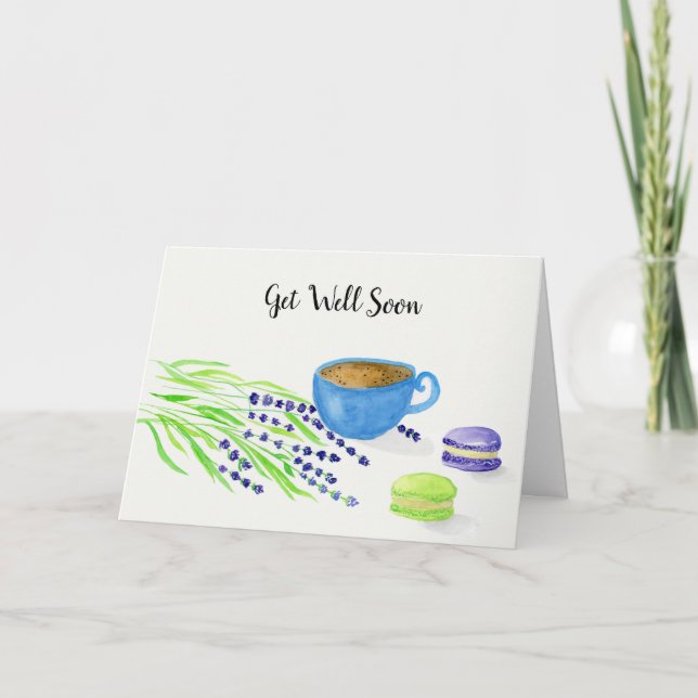 Tarjeta Festiva Café de color agua, Lavanda, Macarons (Anverso)