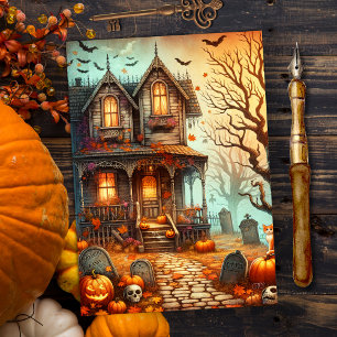 Tarjeta Festiva Caída de la Casa de Halloween de época