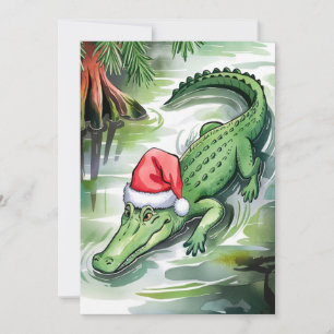 Tarjeta Festiva Caimán de Santa nadando en el Bayou