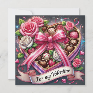 Tarjeta Festiva Caja de chocolates y rosas del día de San Valentín