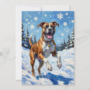 Tarjeta Festiva Caja de perro energético saltando en nieve de invi