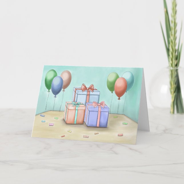 Tarjeta Festiva cajas de regalo con globos (Anverso)